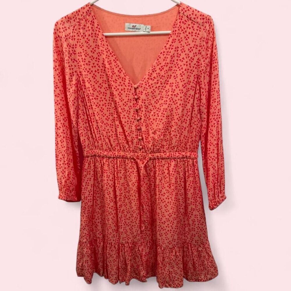 Vineyard Vines Coral Pink Silk Blend Heart Petal Print Ruffle Mini Dress Size XS